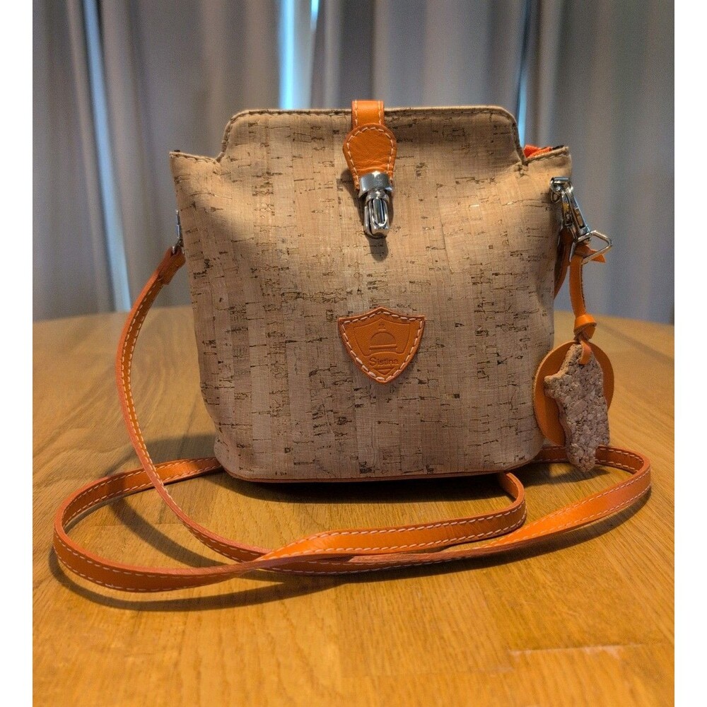 Sistina Leather Cork Crossbody Bucket Bag Neutral With Orange Trim And Charm